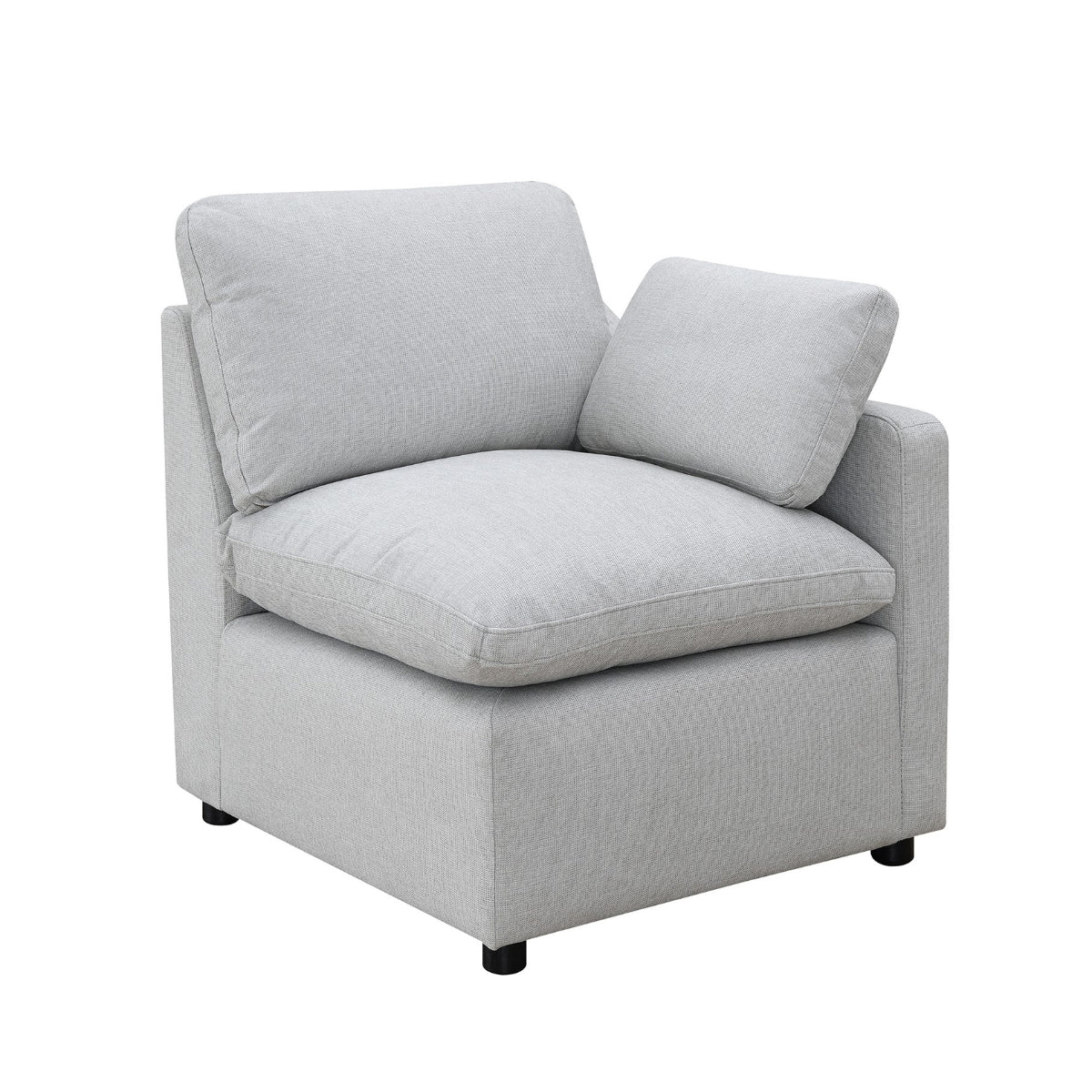Light grey MAZ Pippa Collection 6-piece modular sectional sofa with right-side chair and pillow, angled view.
