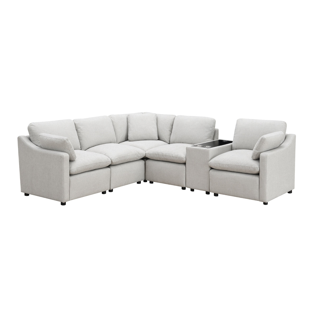 MAZ Pippa Collection 6-piece modular sectional sofa in light grey, shown from an angled view with no background.