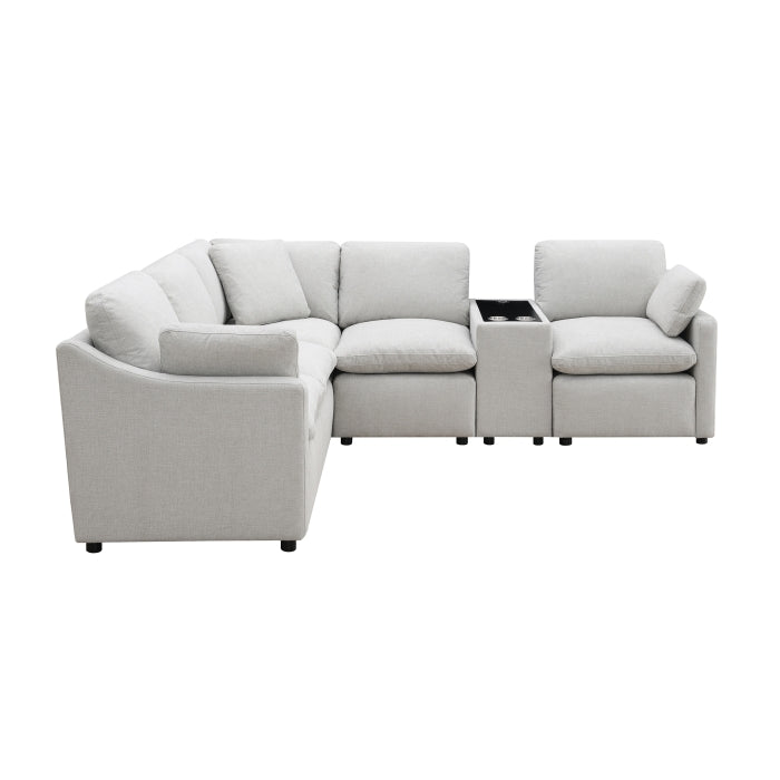 MAZ Pippa 6-piece modular sectional sofa in light grey, front view showing plush cushions and modern design.