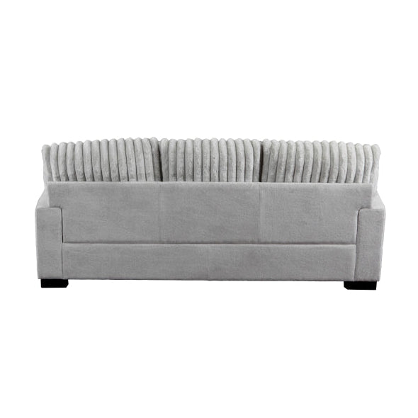 Gray Imogen 3-seat sofa by MAZ with five decorative pillows, shown from the back against a plain background.