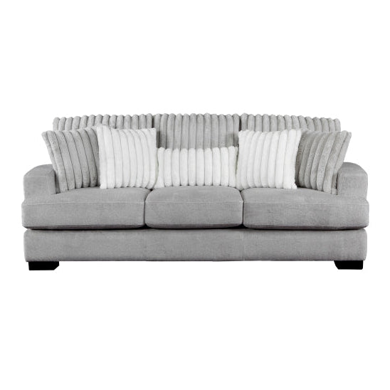 MAZ Imogen 3-seat sofa with five decorative pillows, light gray upholstery and modern design, shown from the front.