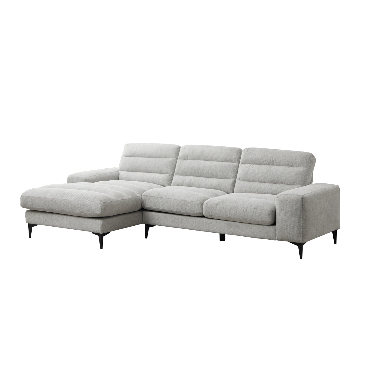 MAZ Suki Collection 2-piece sectional sofa in light grey with left-hand chaise, modern design, angled view.