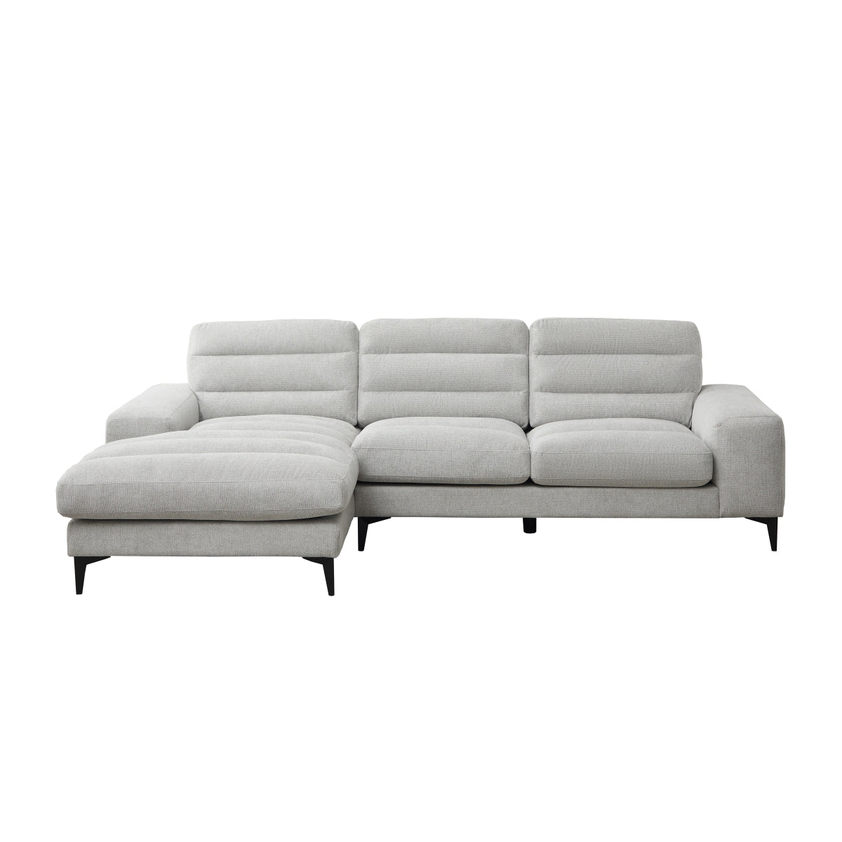 MAZ Suki Collection 2-piece sectional sofa in light grey with LHF chaise, showcasing a modern, spacious living room setup.