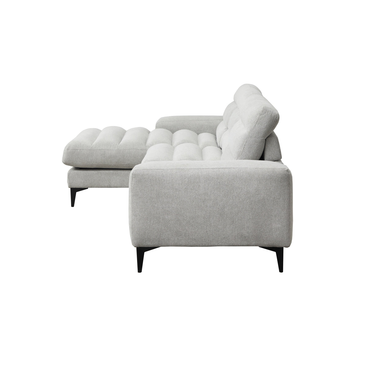 Light grey MAZ Suki Collection 2-piece sectional sofa with left-hand chaise, shown from side with no background.