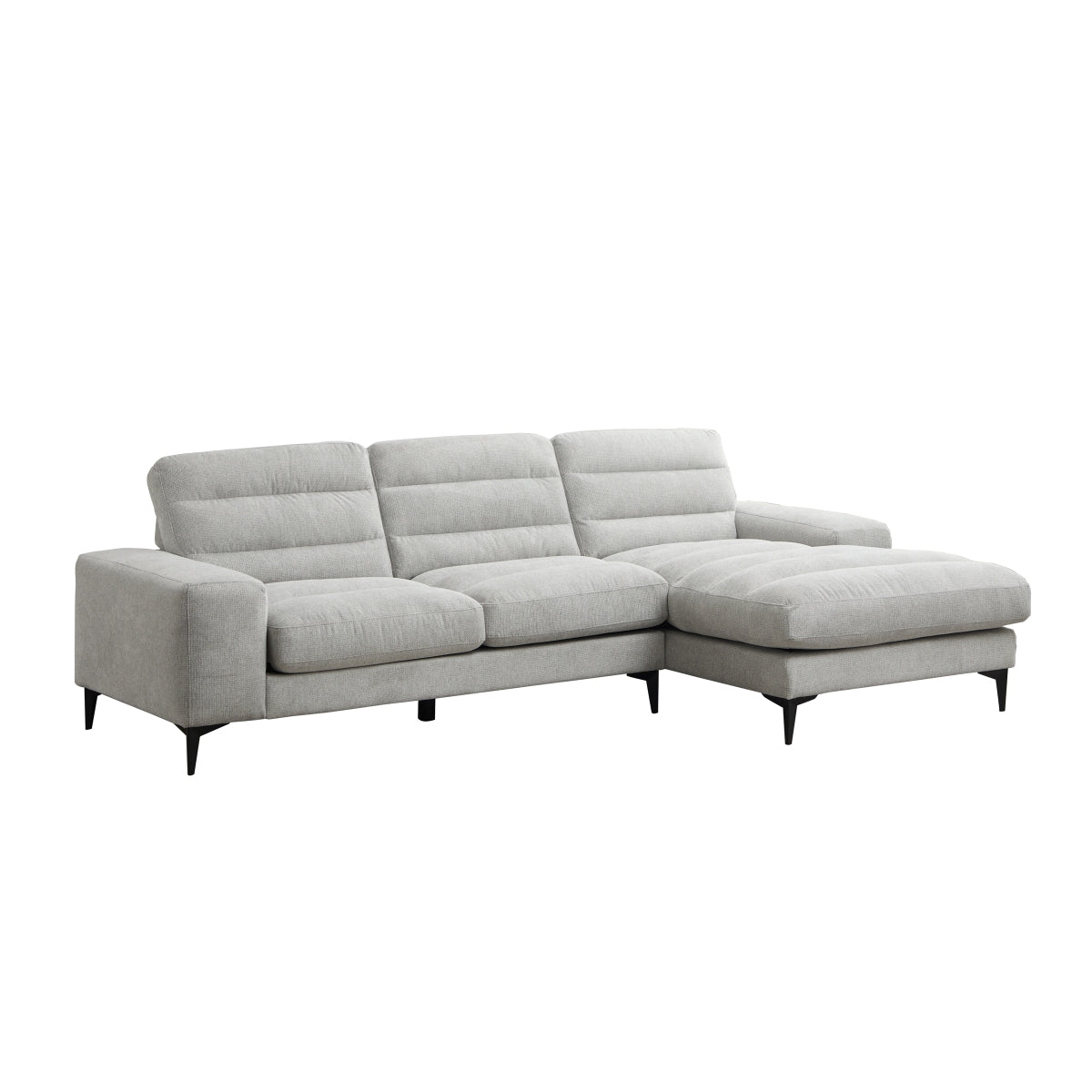 MAZ Suki Collection 2-piece sectional sofa in light grey with right-hand chaise, angled view, no background.