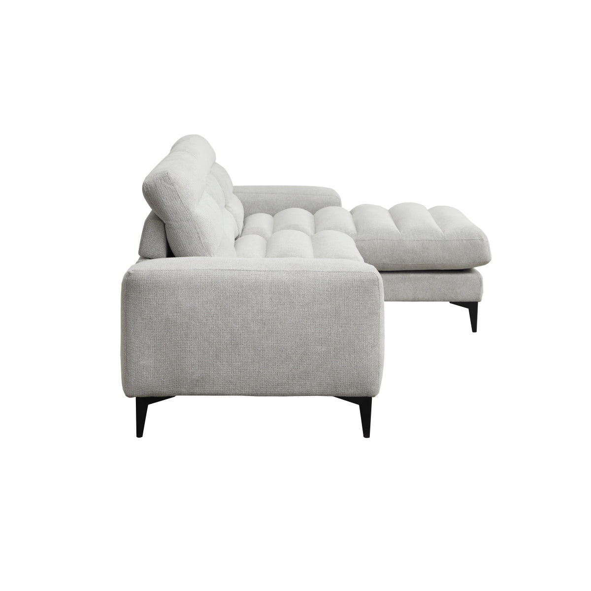Light grey MAZ Suki Collection 2-piece sectional sofa with right-hand chaise, shown from side view without background.