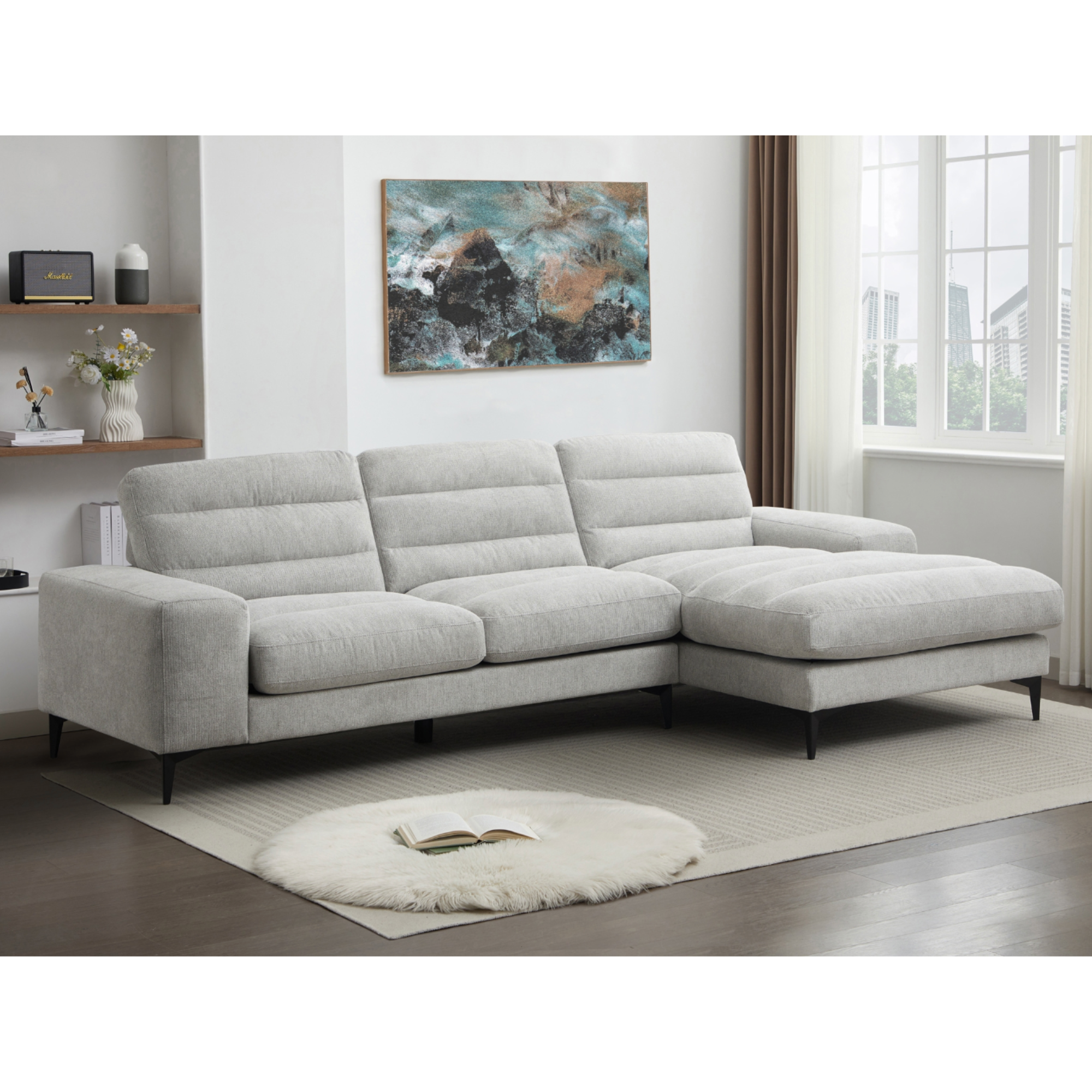 Modern grey MAZ Suki Collection 2-piece sectional sofa with plush fabric and spacious seating, ideal for contemporary living rooms.