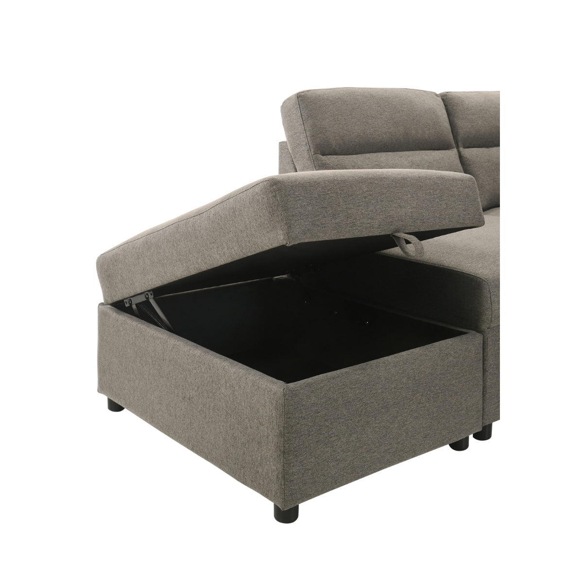 Maz Marasi 3-piece sectional sleeper with storage ottoman, featuring a chaise and fabric upholstery in a cozy living room setting.