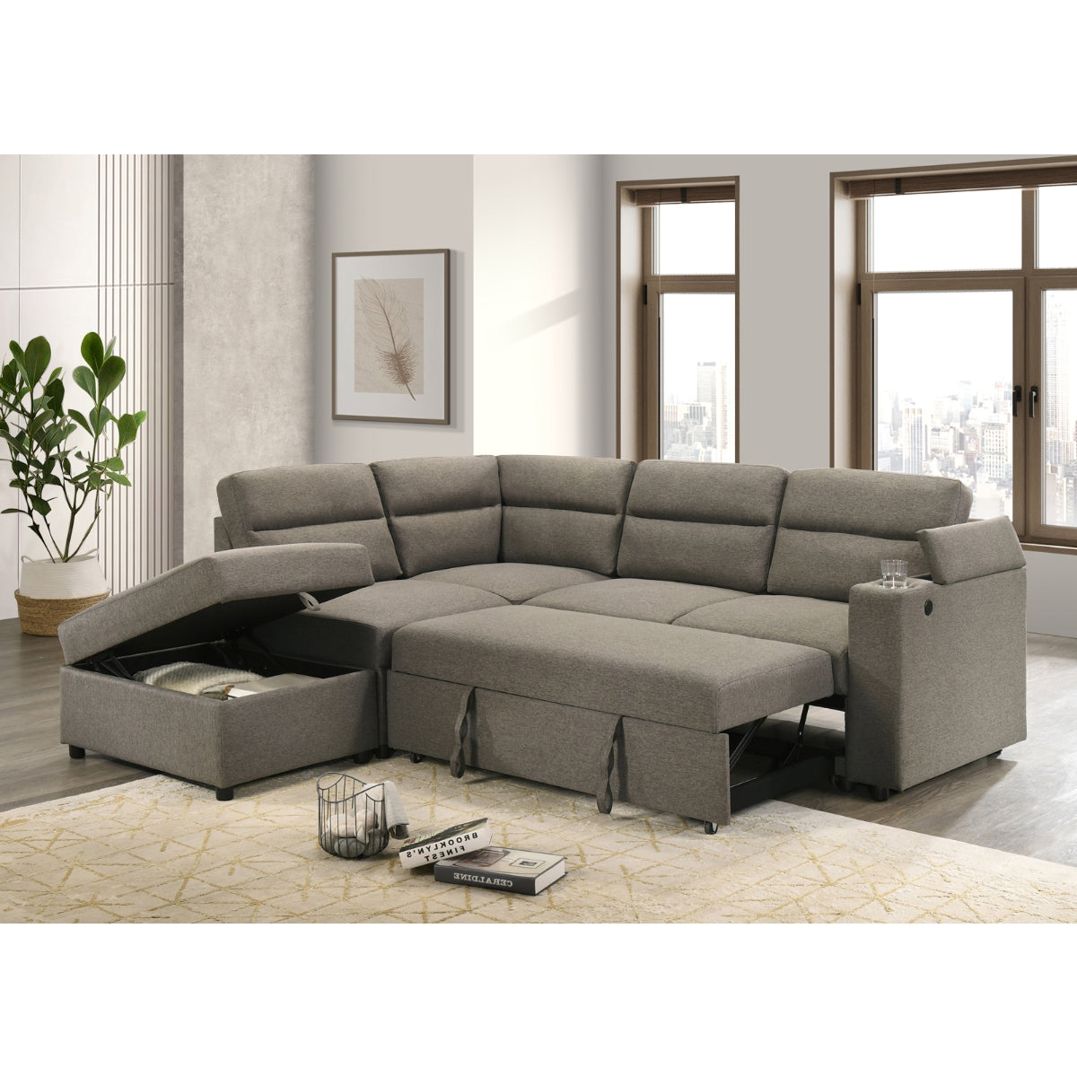 MAZ Marasi 3-piece sleeper sectional with storage ottoman, showing open chaise and storage features in a modern living room setting.