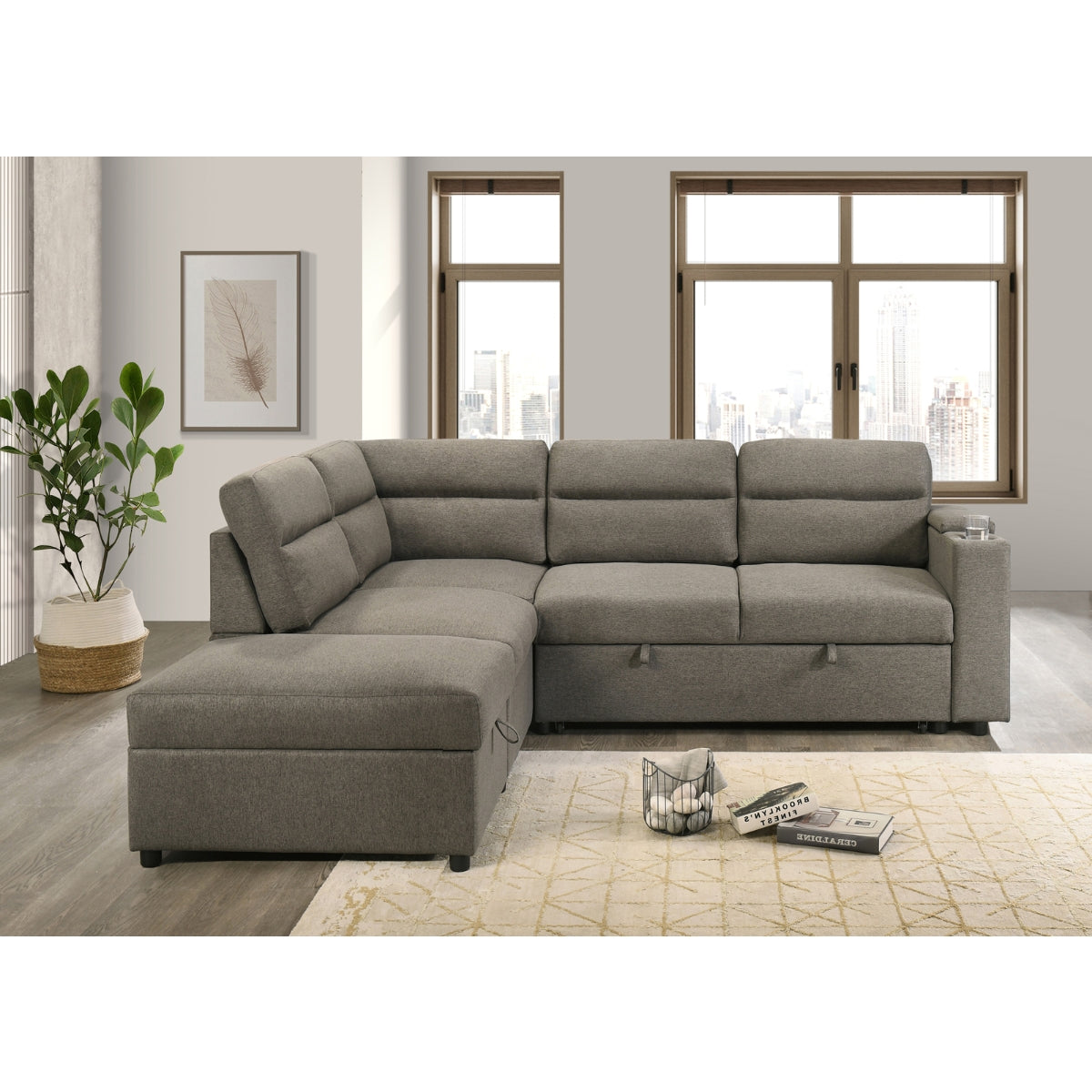 MAZ Marasi 3-piece sectional sleeper with storage ottoman and chaise, featuring a plush fabric finish and modern design.