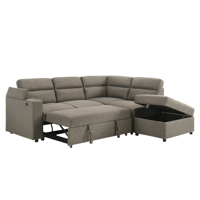 MAZ Marasi 3-Piece Sleeper Sectional with storage ottoman, featuring chaise and arm storage, shown from an angled side view.