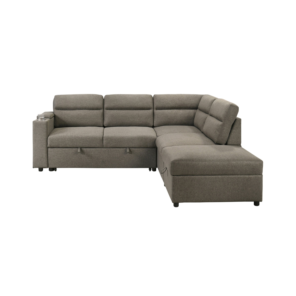 MAZ Marasi 3-piece sleeper sectional with storage ottoman, featuring a beige fabric, chaise lounge, and armrest storage, front view.