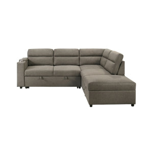 MAZ Marasi 3-piece sleeper sectional with storage ottoman, featuring a chaise and arm storage, shown from the front with all components closed.