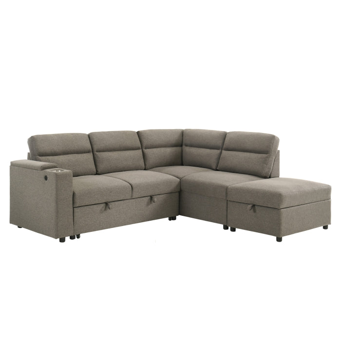 Maz Marasi 3-piece sectional sleeper with storage ottoman, featuring chaise and storage arm, shown from an angle with no background.