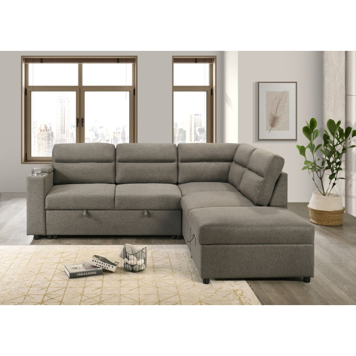 MAZ Marasi 3-piece sleeper sectional with storage ottoman, featuring chaise and storage arms, shown in a front closed position.