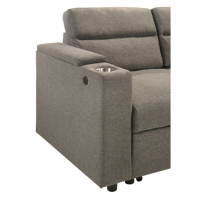 MAZ Marasi 3-piece sectional sleeper with storage ottoman, featuring chaise and arm detail in a cozy living room setting.