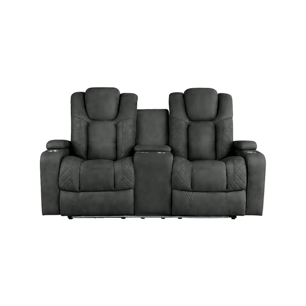 Maz Tabor II Collection power recliner loveseat in charcoal, front view showing reclined seats and console with no background.