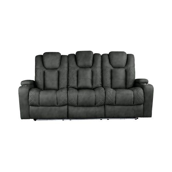 MAZ Tabor II Collection Charcoal power recliner sofa with drop-down table, shown from front with closed recline, no background.