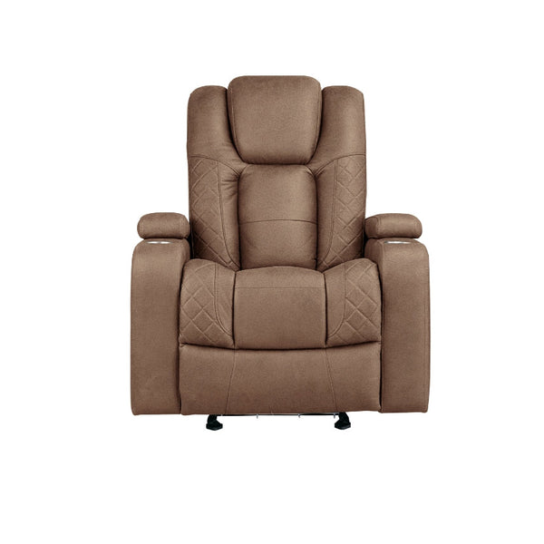 MAZ Tabor II Collection brown power glider recliner chair, front view with closed recline, showcasing plush upholstery and padded armrests.