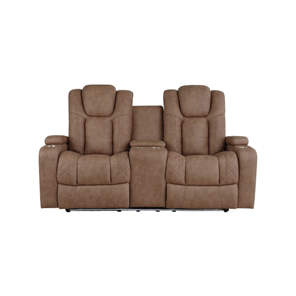 MAZ Tabor II Collection brown power recliner loveseat with reclining console, shown from front with the recliner closed.