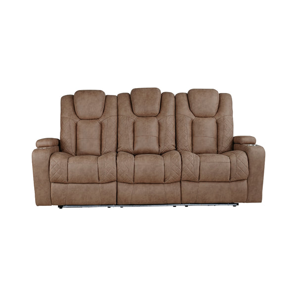 MAZ Tabor II Collection brown power recliner sofa with built-in drop-down table, shown in a front view with no background.