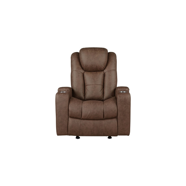 MAZ McBride II power recliner chair in brown, front view showcasing plush upholstery and reclining mechanism.