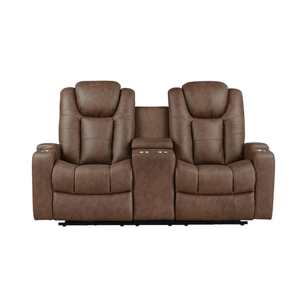 MAZ McBride II brown power reclining loveseat with console, showing the closed front view with no background.