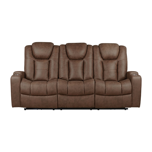 MAZ McBride II Power Recliner Sofa in brown with drop-down table, shown from front in a closed position, no background.