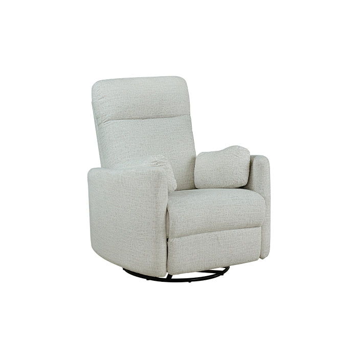 MAZ Dancy beige swivel glider recliner chair shown from an angled view, featuring a plush upholstered design and swivel base.