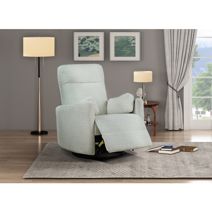 MAZ Dancy beige swivel glider recliner chair, shown in an open position in a cozy living room setting.