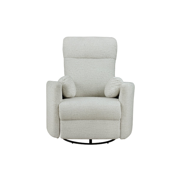 MAZ Dancy beige swivel glider recliner chair with plush upholstery and a sturdy base, shown from the front with the reclined position.