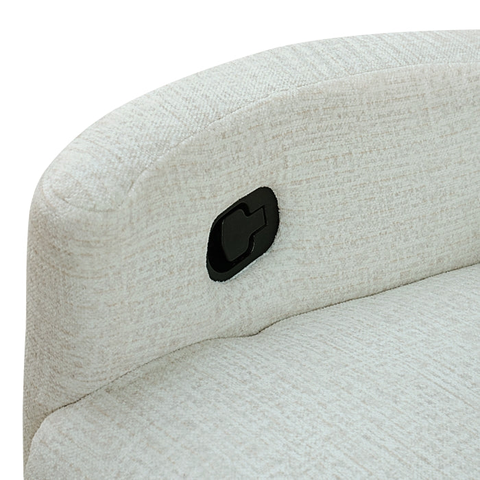 Maz Dancy beige swivel glider recliner chair with reclining mechanism and plush upholstery.