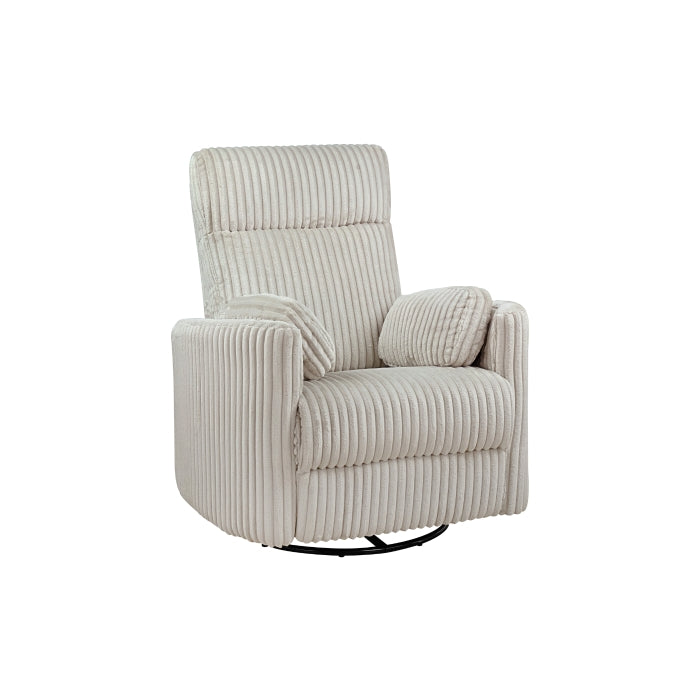 MAZ Dancy Ivory Swivel Glider Recliner chair shown from an angle, featuring plush upholstered fabric and a smooth swivel base.