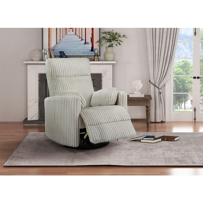 MAZ Dancy Ivory Swivel Glider Recliner in a cozy living room setting, showing the open reclined position and comfortable design.