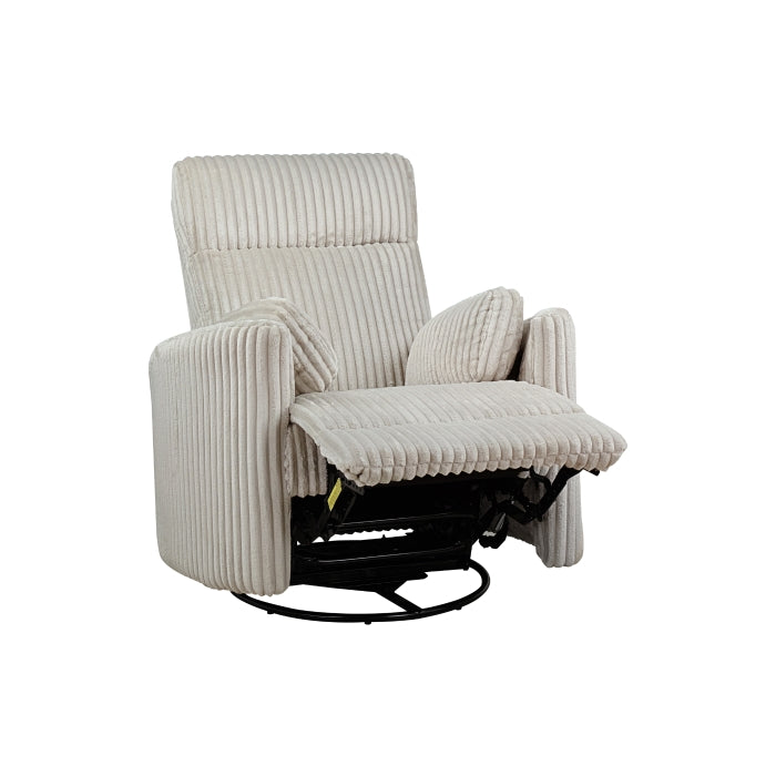 MAZ Dancy ivory swivel glider recliner chair shown from an open angle, highlighting plush upholstery and modern design.