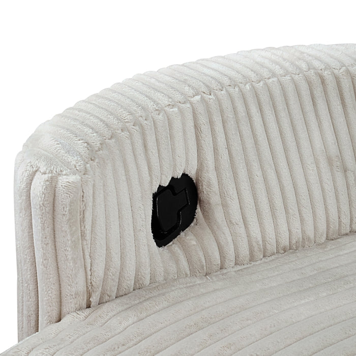 Close-up of MAZ Dancy Ivory Swivel Glider Recliner with reclining mechanism and fabric upholstery.