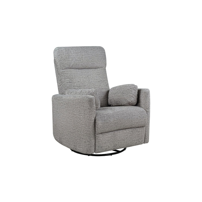 MAZ Dancy swivel glider recliner in taupe, showing a side angle with the chair in a closed position, soft fabric upholstery.