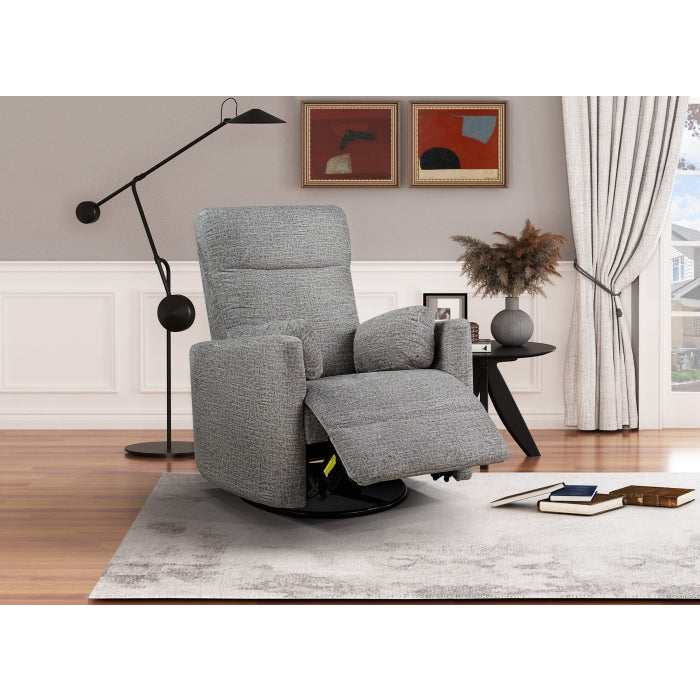 MAZ Dancy swivel glider recliner in taupe, open-angle view showing cushioned seat and armrests in a cozy living room setting.