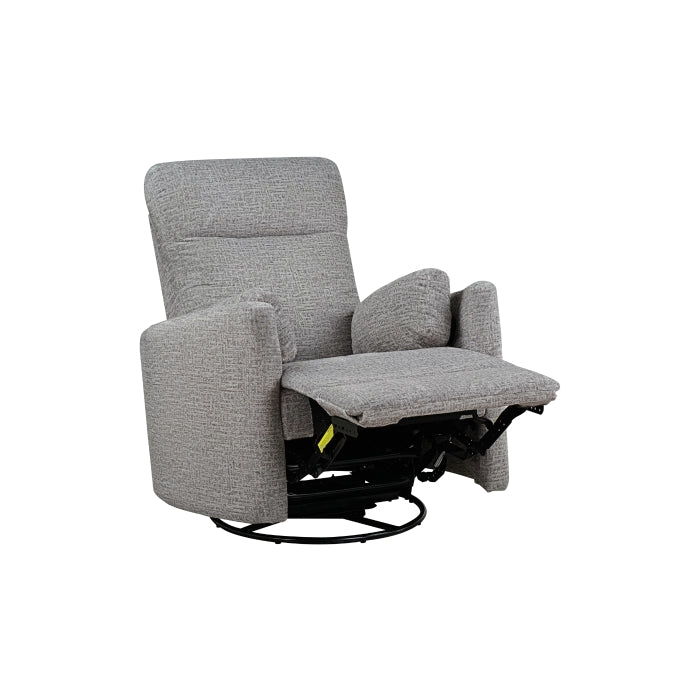 MAZ Dancy swivel glider recliner in taupe, open angle showcasing plush cushioned seating and swivel base, in a modern living room setting.