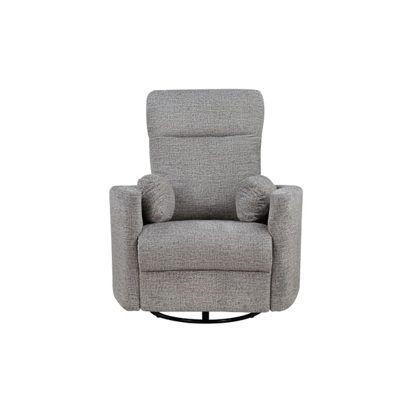 MAZ Dancy Taupe Swivel Glider Recliner chair with plush upholstery and armrests, shown from the front with reclined position.