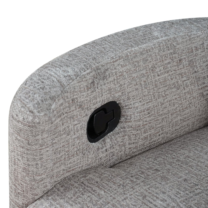 MAZ Dancy swivel glider recliner in taupe, showing reclining mechanism and plush fabric, perfect for comfortable seating.