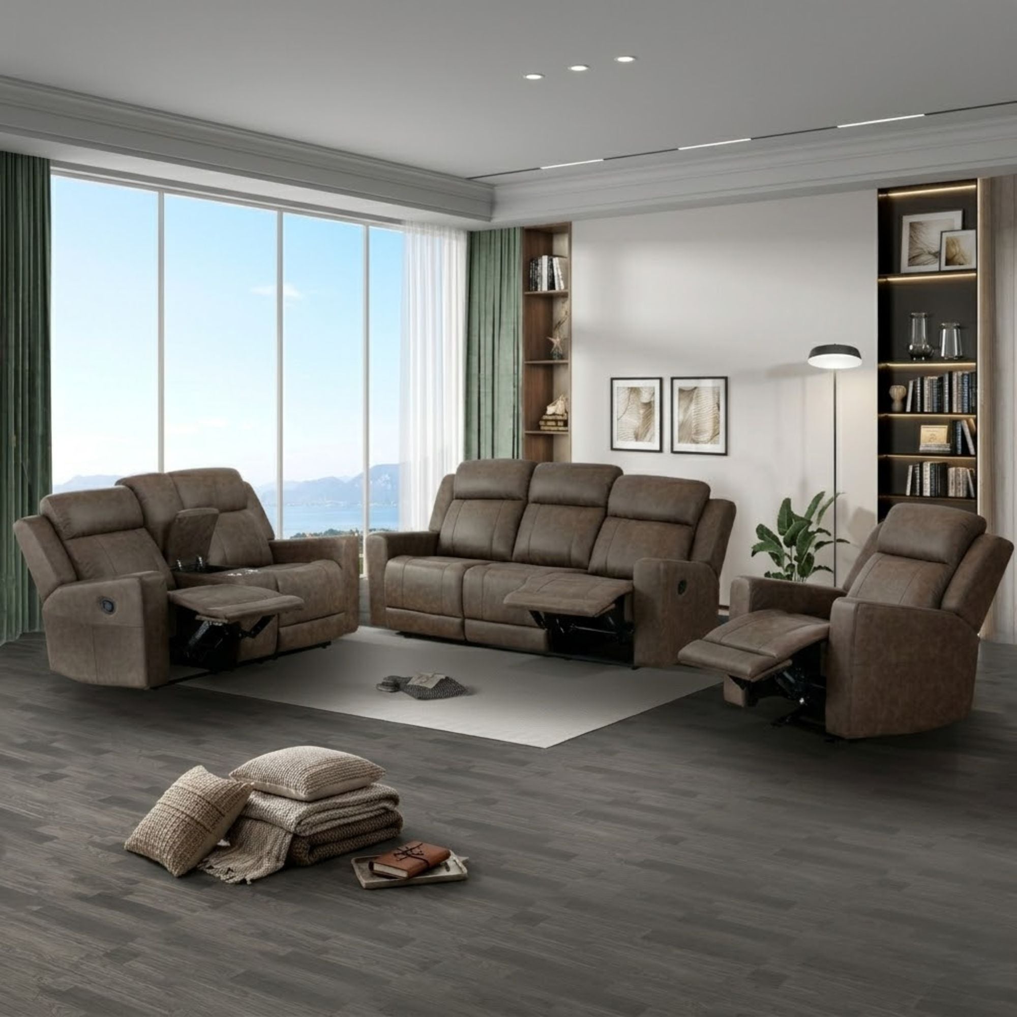 Brown MAZ Genji reclining sofa set with plush cushions and modern design, featuring multiple seating options and a sleek finish.