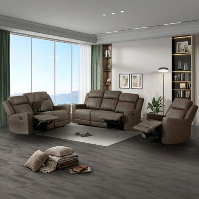 Brown MAZ Genji reclining sofa set with plush cushions and modern design, featuring multiple seating options and a sleek finish.