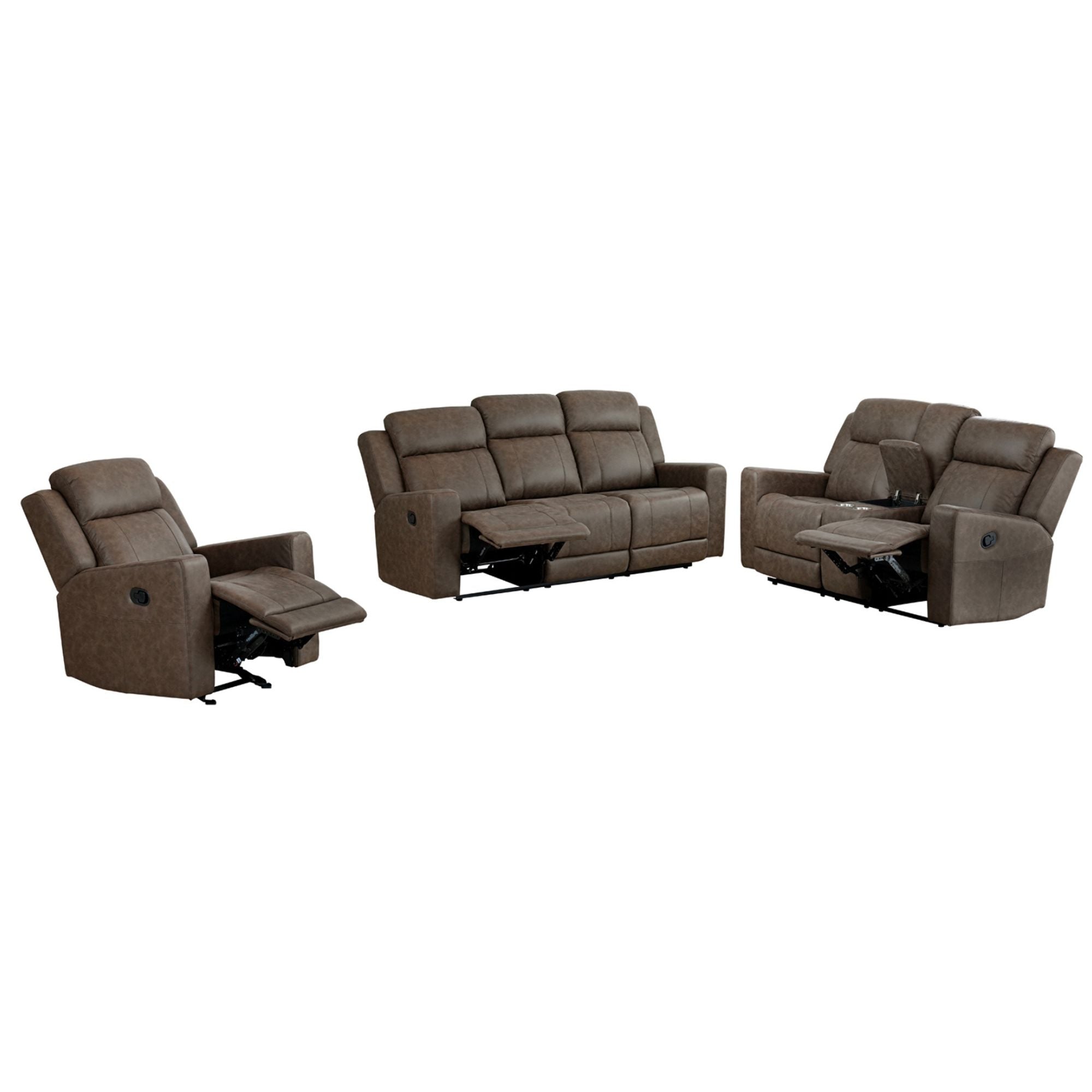 Brown Genji Reclining Sofa Set by MAZ, featuring plush cushions and sleek design in a modern living room setting.