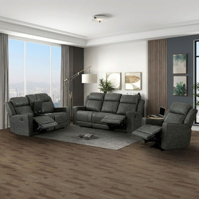 Charcoal MAZ Genji reclining sofa set with plush cushions and modern design, ideal for comfortable living room seating.
