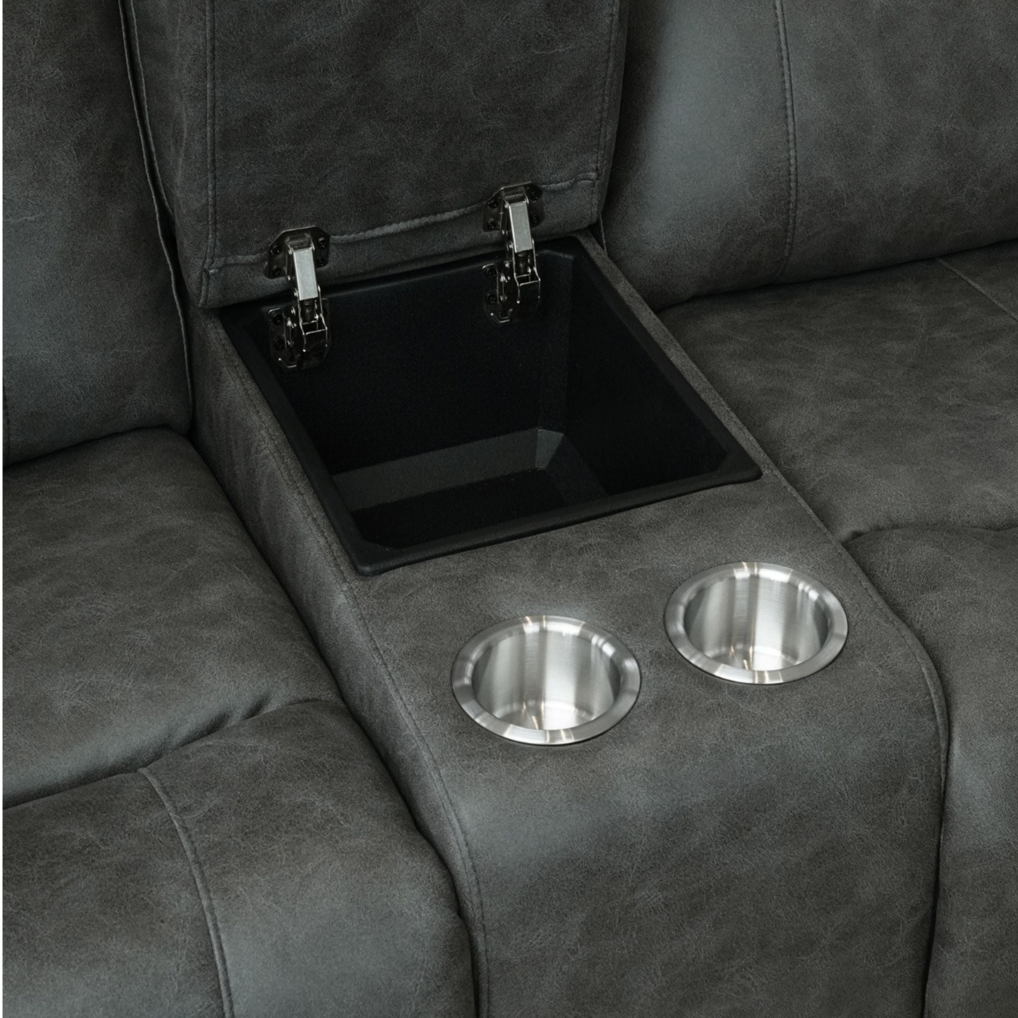 Charcoal MAZ Genji reclining sofa set with plush cushions and modern design, showing the comfortable seating arrangement.