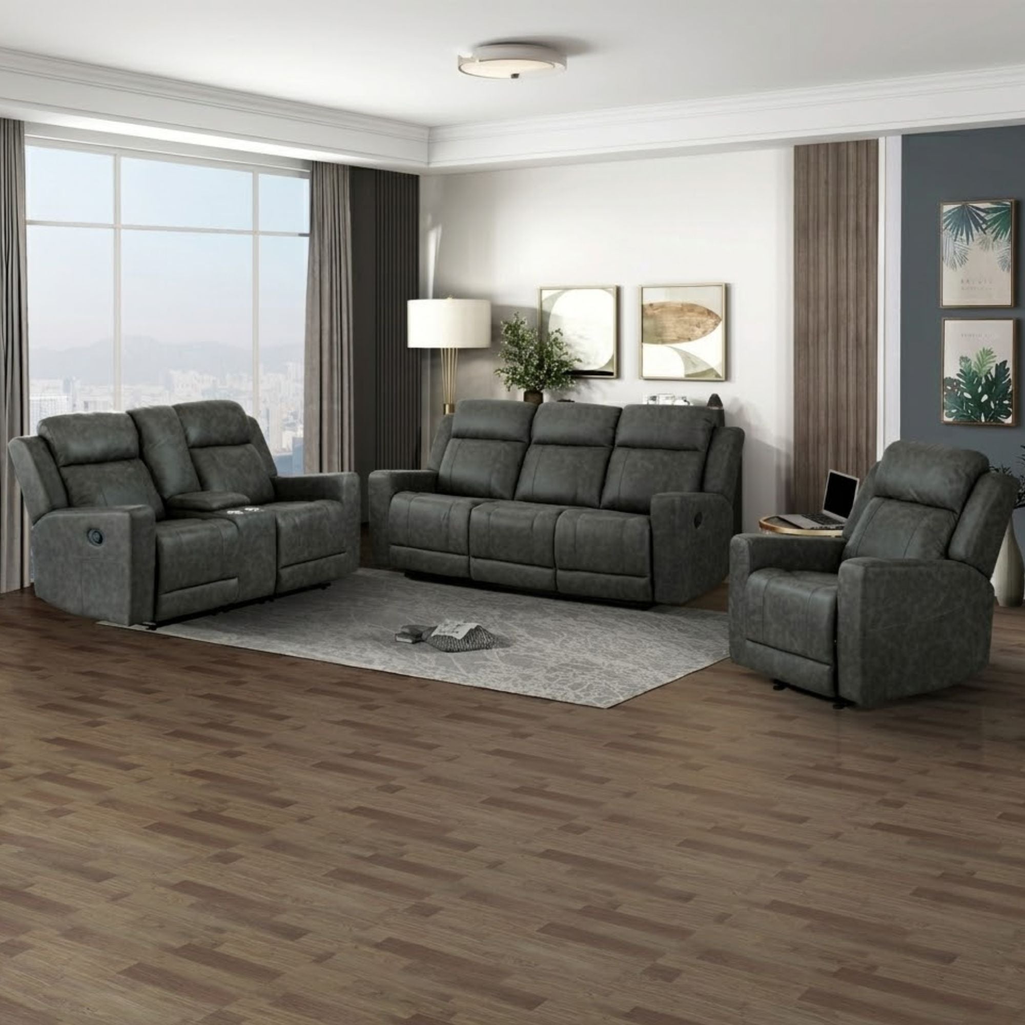 Charcoal MAZ Genji Reclining Sofa Set with plush cushions and modern design, perfect for a stylish living room.
