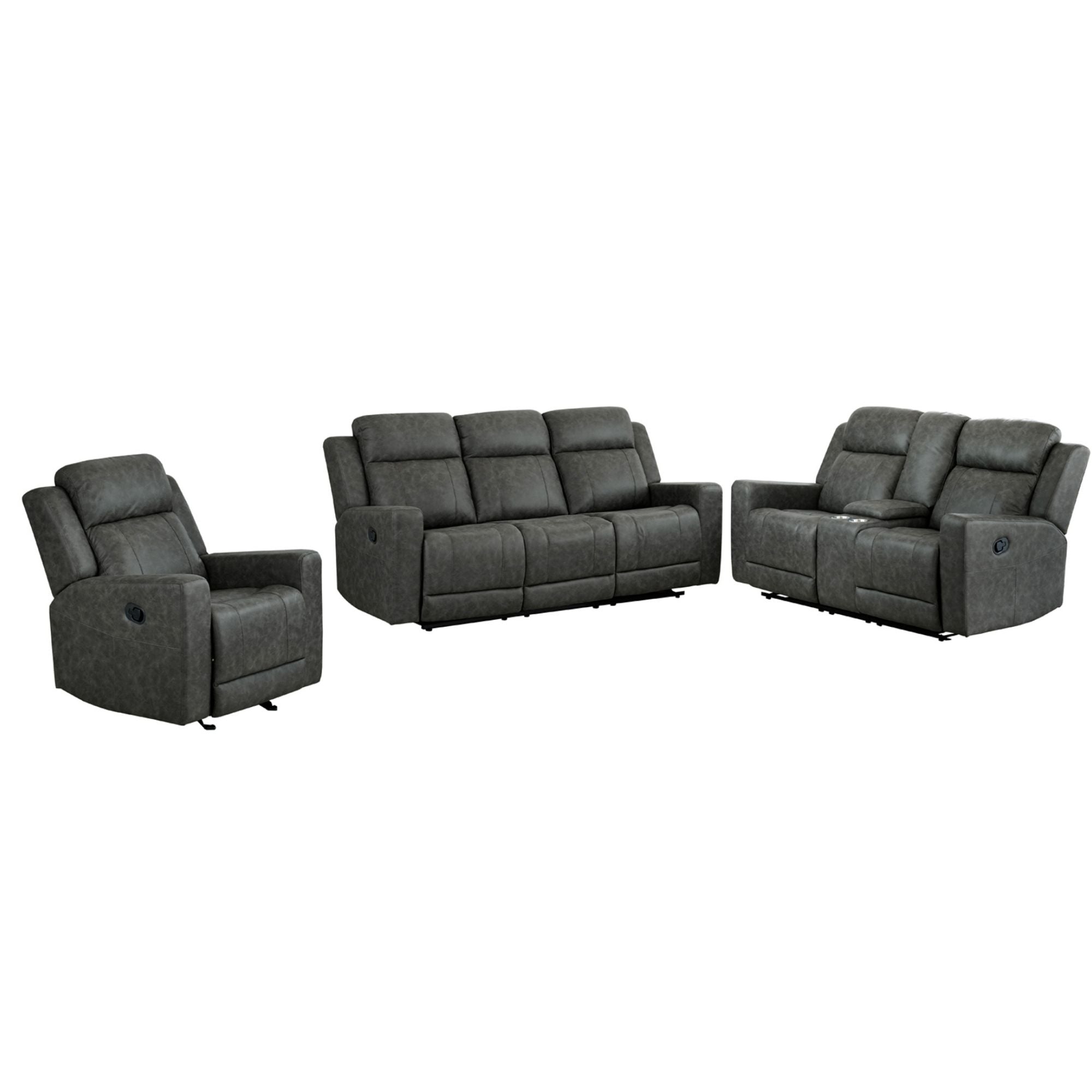 Charcoal-colored MAZ Genji reclining sofa set with plush cushions and modern design, shown in a stylish living room setting.