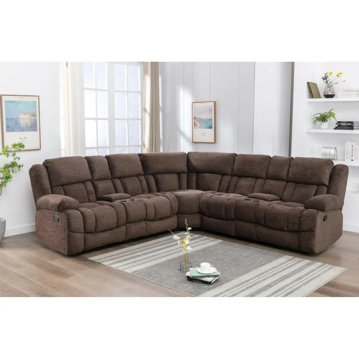 MAZ Presley 3-piece power recliner sectional with plush brown upholstery, modern design, and modular seating for versatile comfort.
