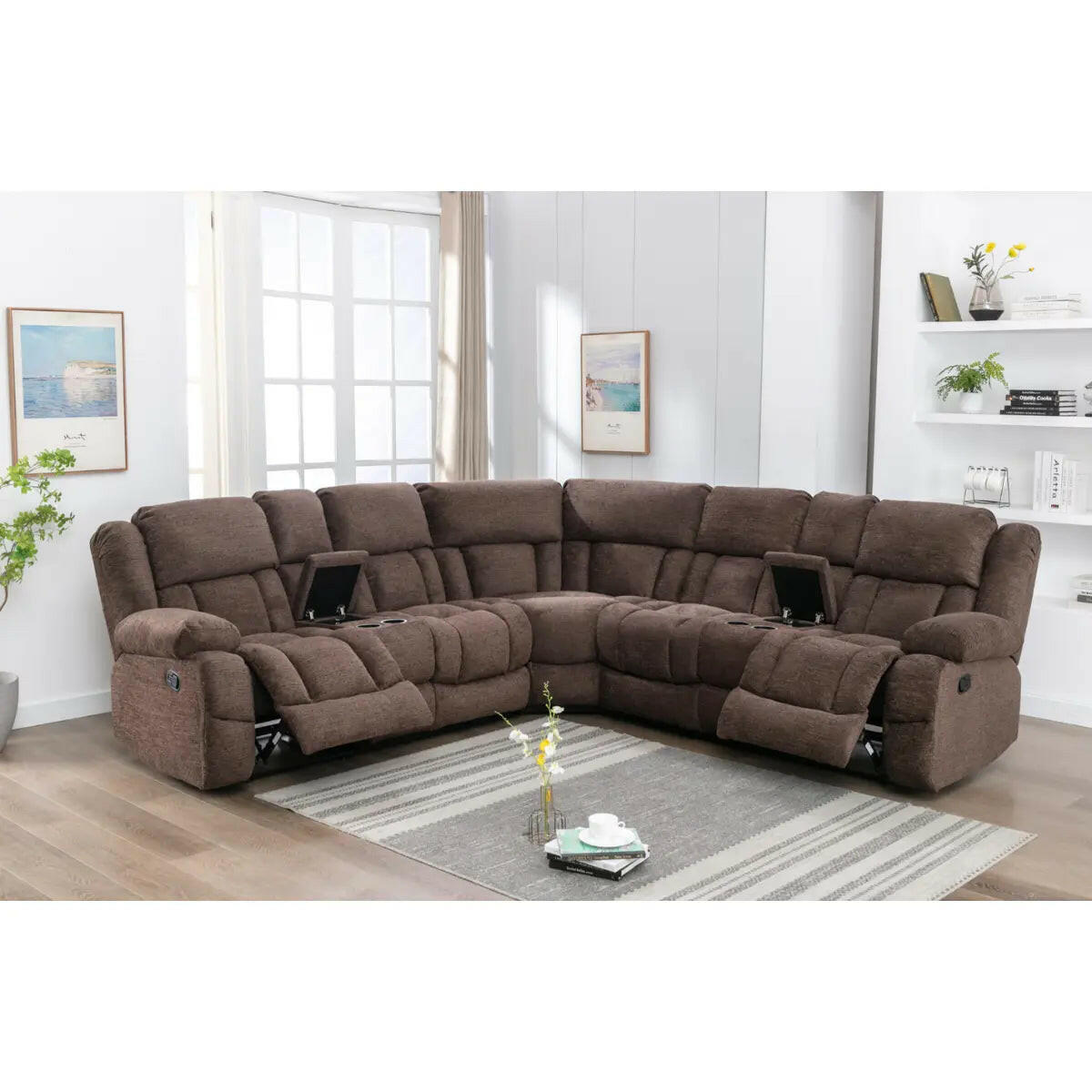 MAZ Presley 3-piece power recliner sectional with plush brown upholstery, modern design, and multiple reclining seats.